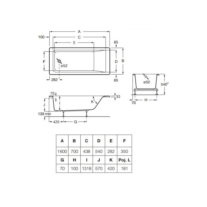 Ванна акриловая 160*70см ROCA EASY A248195000 с ножками