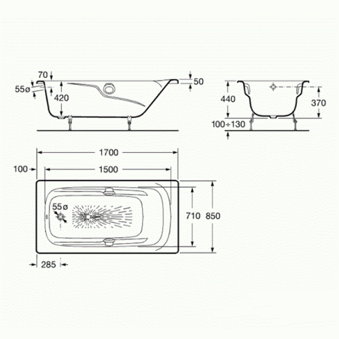 Ванна чугунная 170*85см ROCA MING A230270001 с ручками и покрытием против скольжения