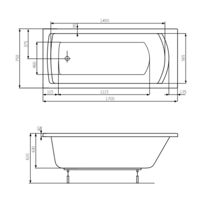Ванна акриловая 170*75см ROCA LINEA A24T042000 с ножками