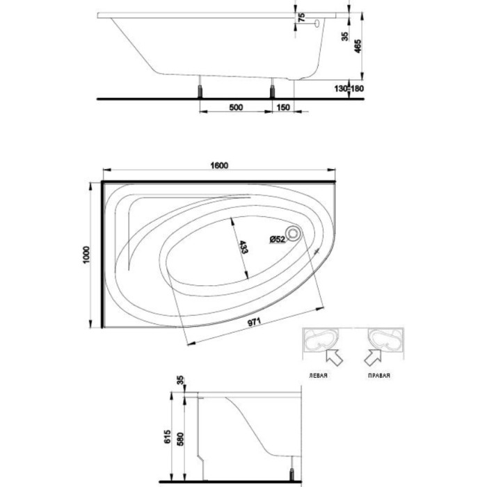 Ванна асимметричная Kolo Spring XWA3061000 левосторонняя 160x100