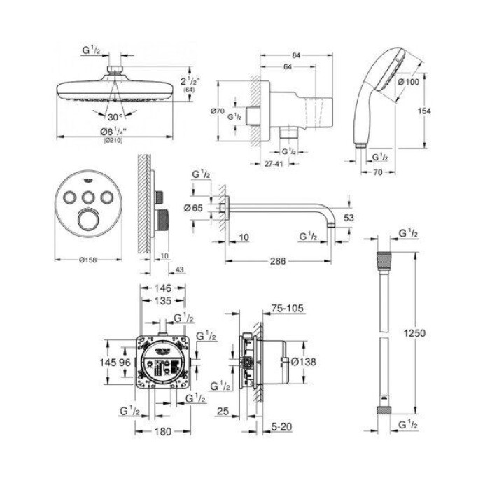Плитка керамогранит Grohe Grohtherm SmartControl Rainshower New Tempesta 210 Душевая система 34614SC2 для пола