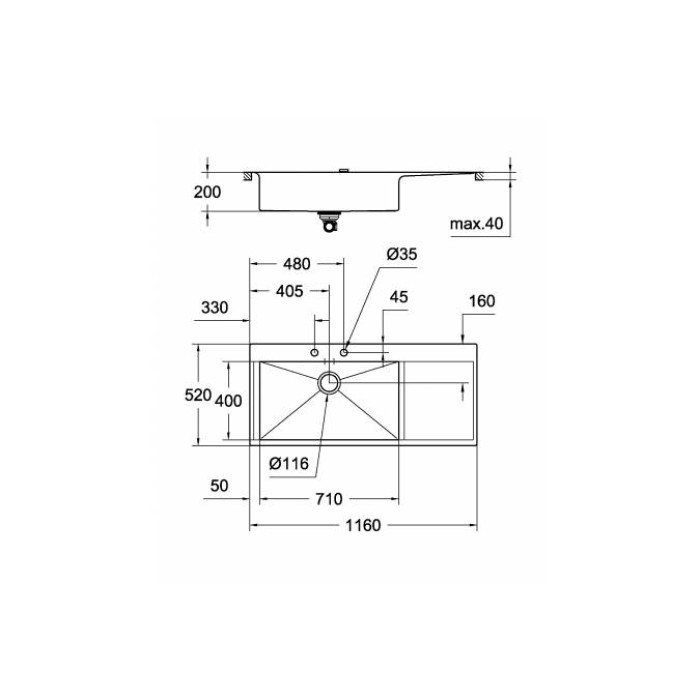 Мойдка для кухни Grohe 1160x520 мм, 1 чаша, матовая, в уровень со столешницей (31581SD0)