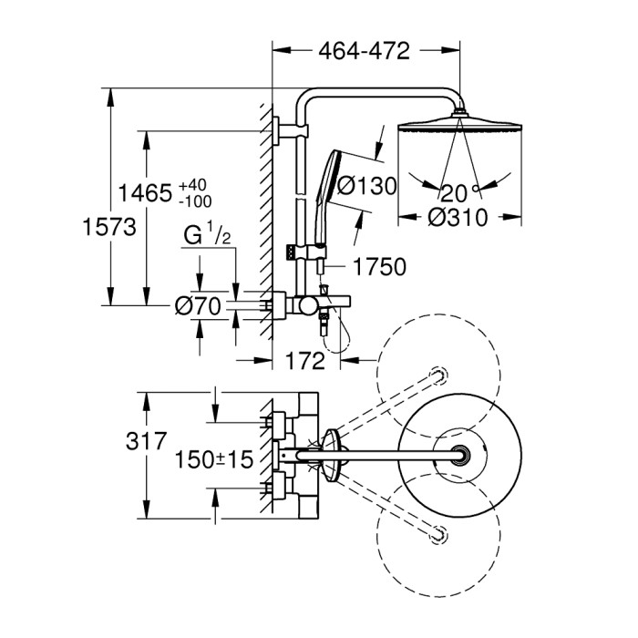 Плитка керамогранит Grohe Rainshower Smartactive 310 Душевая система с термостатом 26657000 для пола