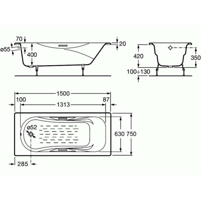 Ванна чугунная 150*75см ROCA MALIBU A23157000R с ручками и покрытием против скольжения