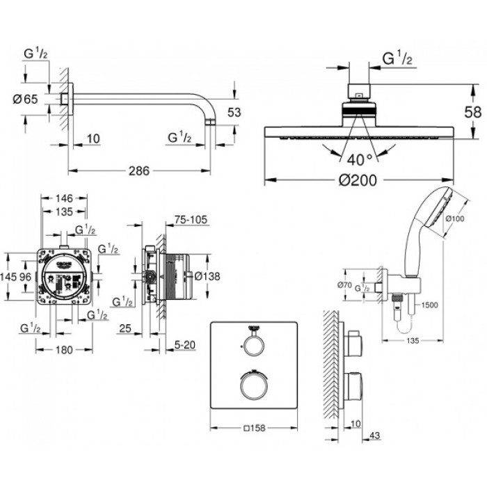 Плитка керамогранит Grohe Grohtherm Душевой набор с системой Tempesta Cosmopolitain 200 (3472900A) для пола