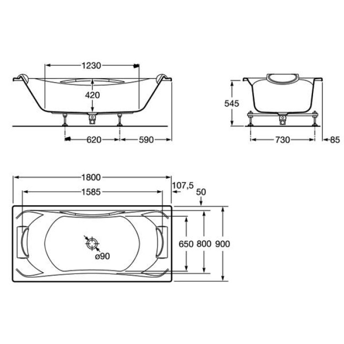 Ванна акриловая 180*90см ROCA BECOOL A248013001 с ножками ручками и подголовником