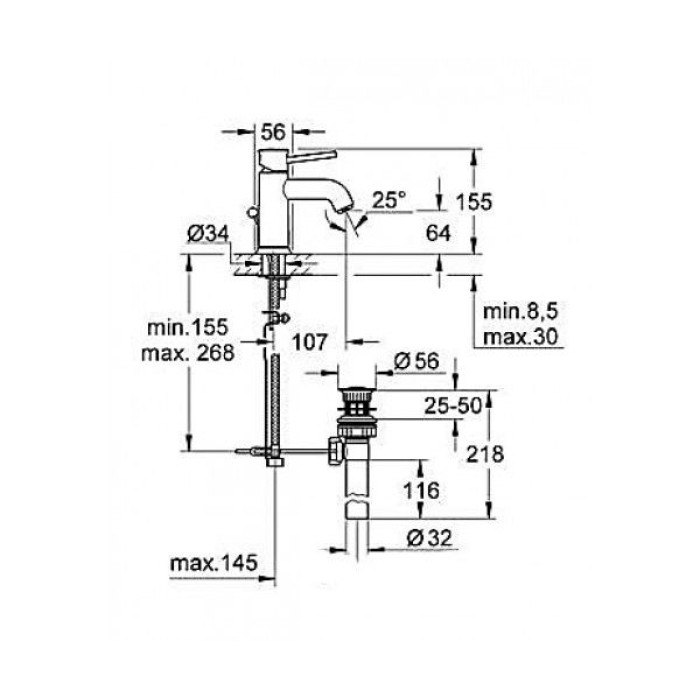 Grohe BauClassic Смеситель для раковины без донного клапана (23162000) S-size Grohe BauClassic Смеситель для раковины без донного клапана (23162000) S-size