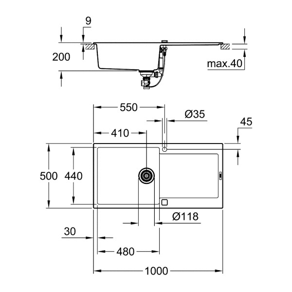 Мойдка для кухни Grohe 1000х500 мм, Granite Black (31645AP0)