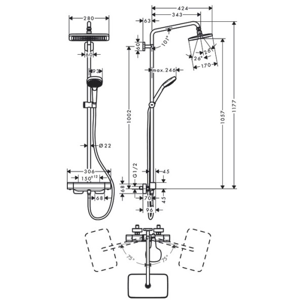 Плитка керамогранит Душевая система Hansgrohe Croma Showerpipe 280 27630000 для пола