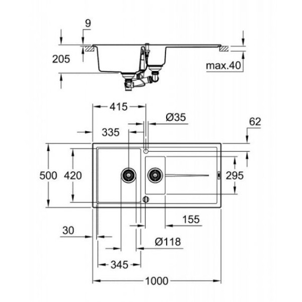 Мойдка для кухни Grohe 1000х500 мм, Granite Black (31642AP0)