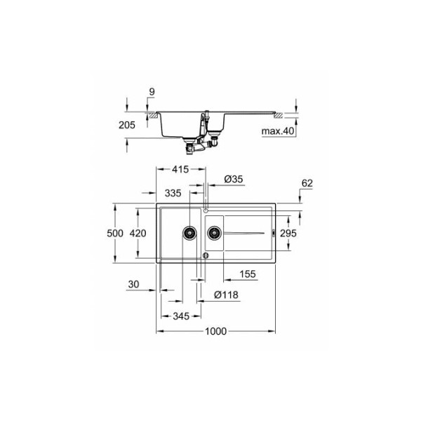 Мойдка для кухни Grohe 1000х500 мм, Granite Grey (31642AT0)