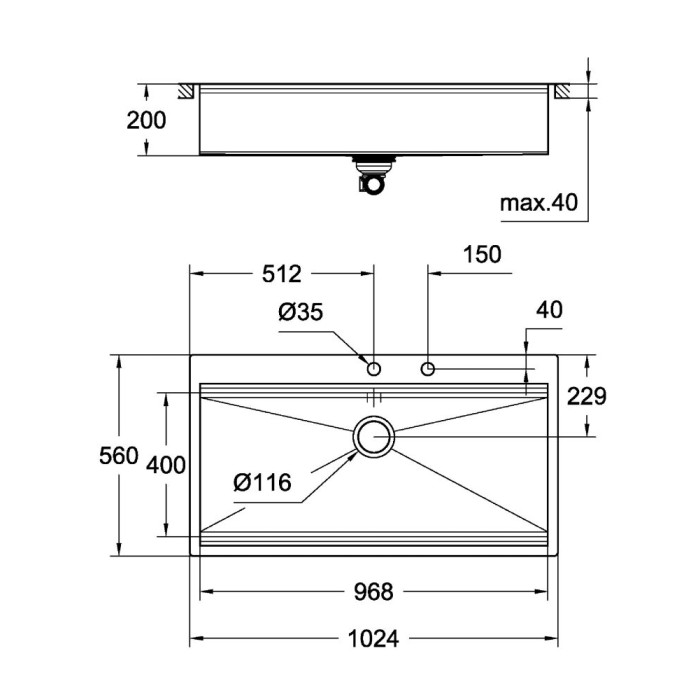 Мойдка для кухни Grohe 1024x560 мм, 1 чаша, матовая, в уровень со столешницей (31586SD0)