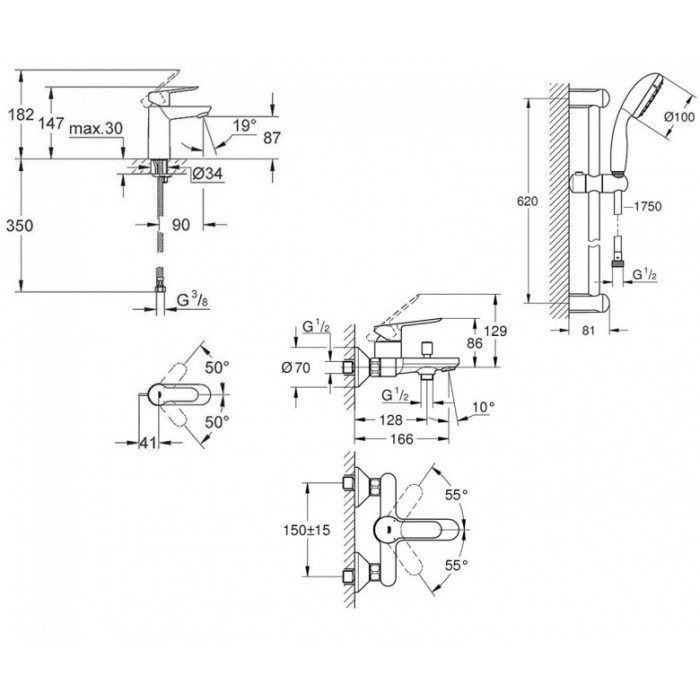 Grohe Комплект смесителей BauEdge 3 в 1 для ванной (123365S)