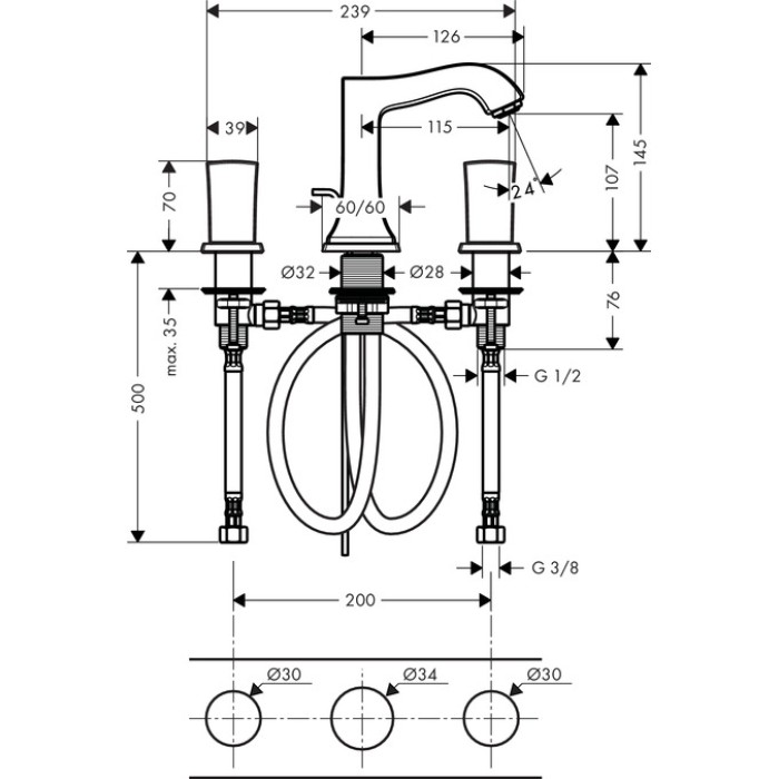 Смеситель для раковины на 3 отверстия Hansgrohe Metropol Classic 31304000
