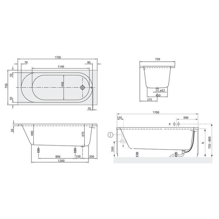 Ванна акриловая Villeroy&Boch O.NOVO UBA170CAS2V-01