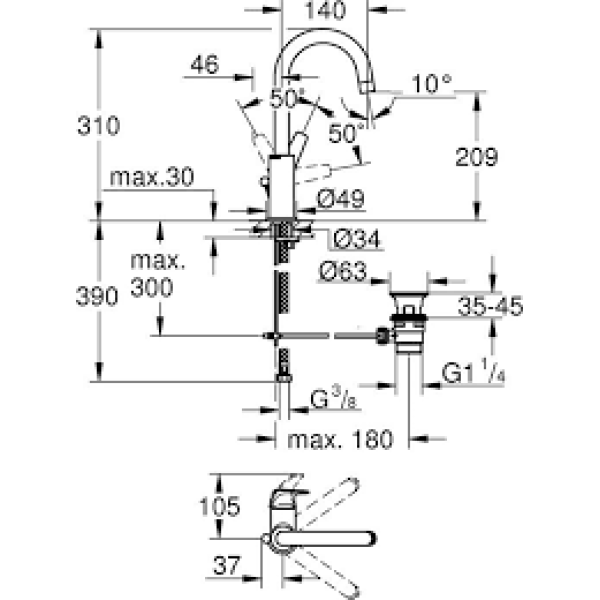 Grohe BauFlow Смеситель однорычажный для раковины L-Size (23753000)