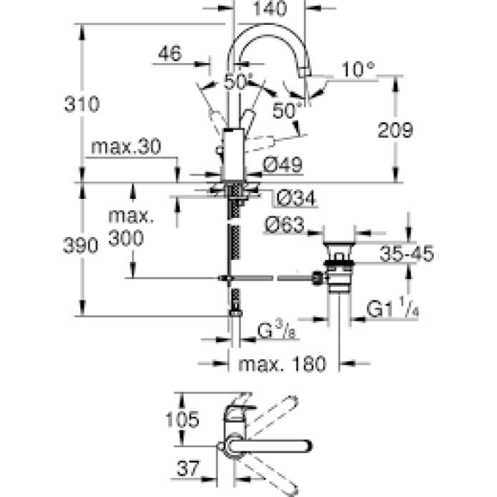 Grohe BauFlow Смеситель однорычажный для раковины L-Size (23753000) Grohe BauFlow Смеситель однорычажный для раковины L-Size (23753000)