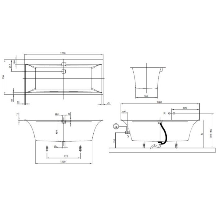 Ванна квариловая Villeroy&Boch Squaro Edge 12 UBQ170SQE2DV-01 + ножки + сифон