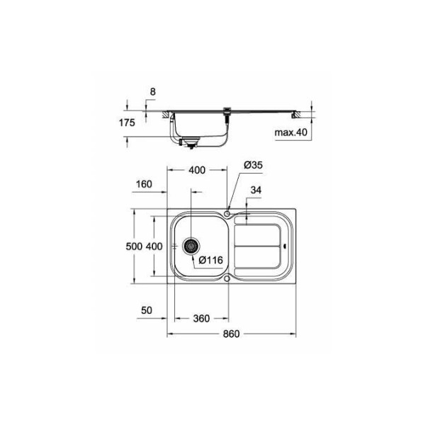 Мойдка для кухни Grohe 860x500 мм с эксцентриком, 1 чаша, матовая (31563SD0)