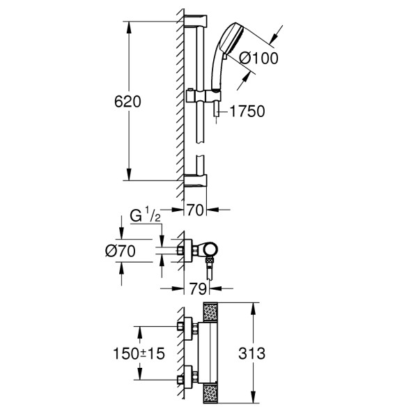 Grohe Grohtherm 1000 Performance Термостат для душа с душевым гарнитуром (34783000)