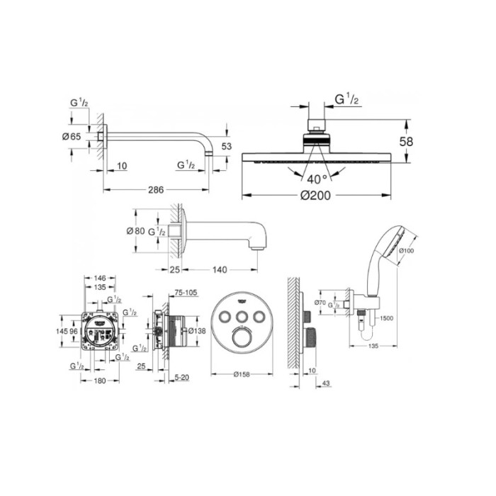Плитка керамогранит Grohe Grohtherm SmartControl Душевая система для ванны скрытого монтажа (3461402L) для пола