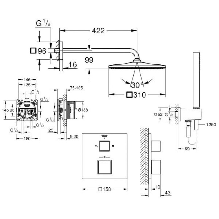 Плитка керамогранит Grohe Grohtherm Rainshower Mono 310 Cube Душевая система 26405SC0 для пола