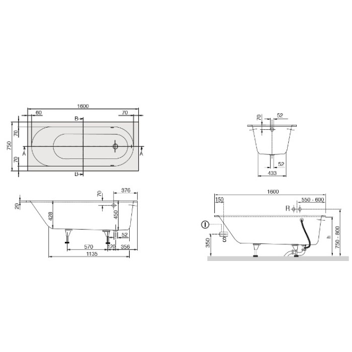 Ванна квариловая Villeroy&Boch Oberon UBQ160OBE2V-01 + ножки