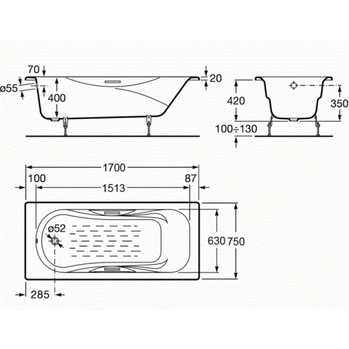 Ванна чугунная 170*75см ROCA MALIBU A23097000R с ручками и покрытием против скольжения