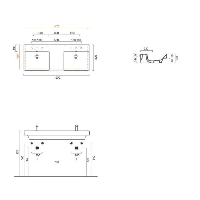 Керамическая раковина 125 см Catalano NEW ZERO, bianco lucido
