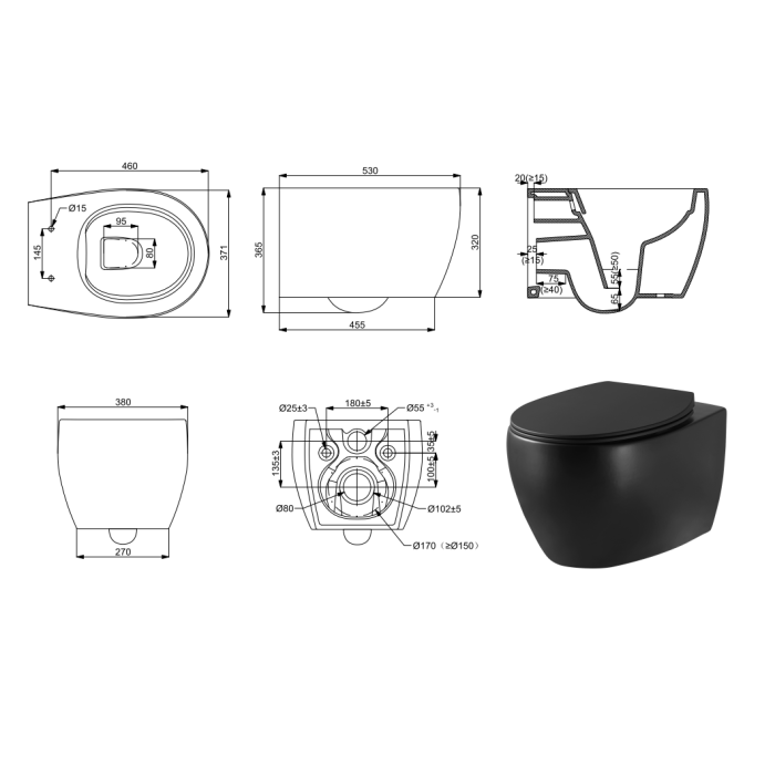 DEVIT 3020155B ACQUA NEW Унитаз подвесной без ободка, тонка крышка soft-close, quickfix, чёрный матовый