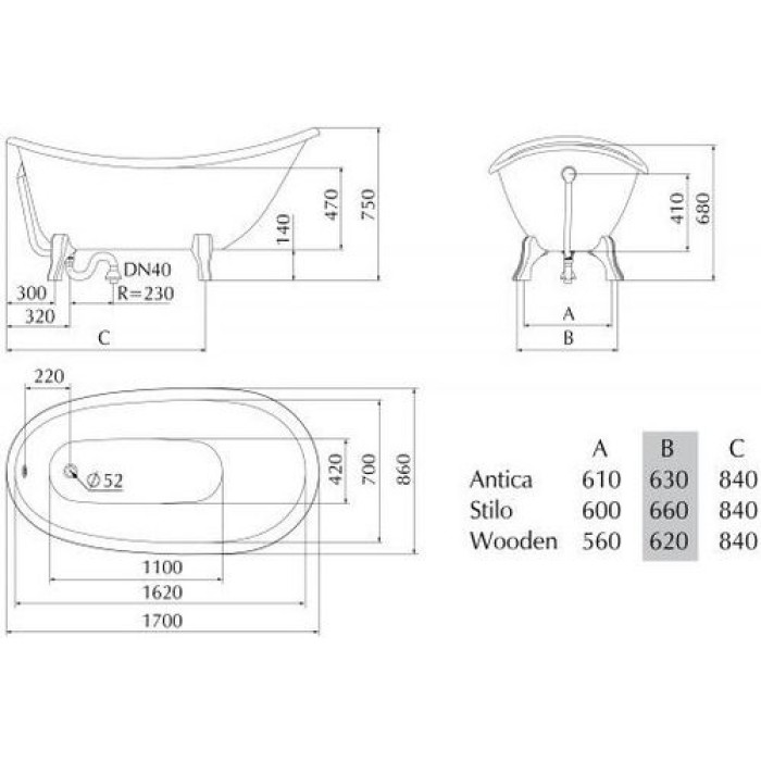Ванна из искусственного камня PAA Victoria 1700x830x730