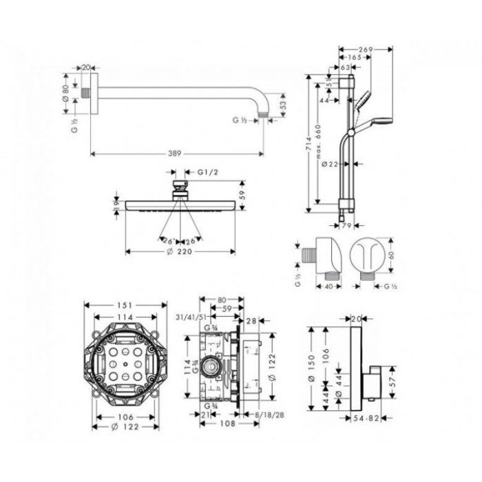 Плитка керамогранит Душевой набор Hansgrohe Select скрытого монтажа 15743111 для пола