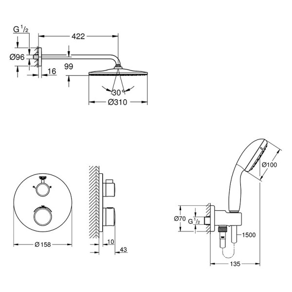 Плитка керамогранит Grohe Grohtherm Душевая система скрытого монтажа с Rainshower Mono 310 (26406SC0) для пола