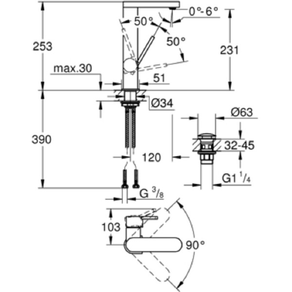 Grohe Plus Смеситель однорычажный для раковины L-Size с нажимним донним клапаном (23873003)