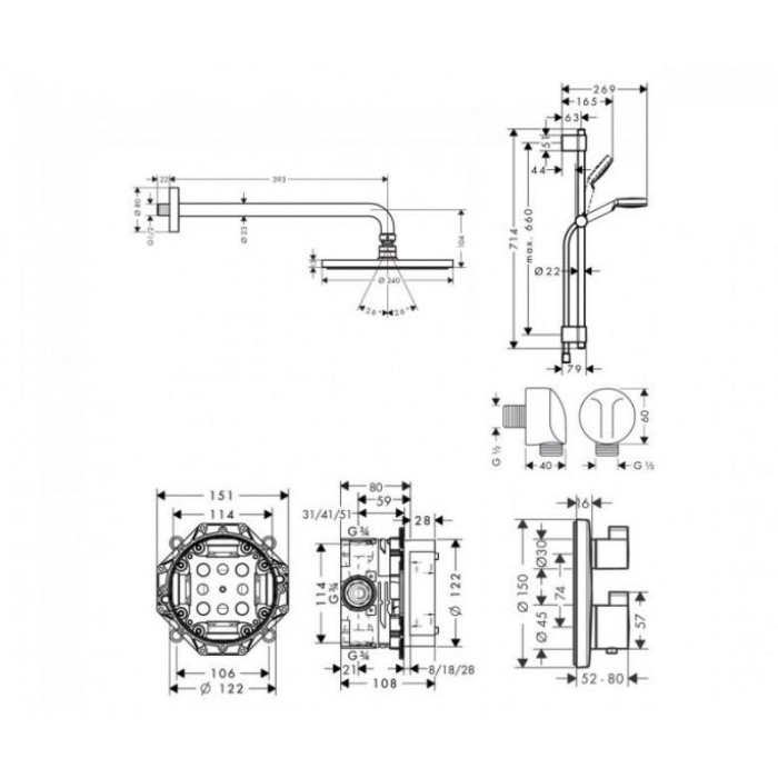 Плитка керамогранит Душевой набор Hansgrohe Ecostat скрытого монтажа 15758111 для пола