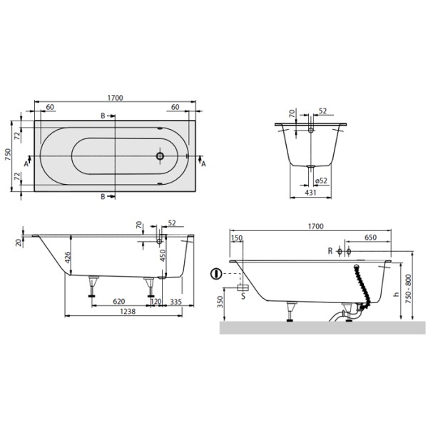 Ванна квариловая Villeroy&Boch Oberon UBQ170OBE2V-01 + ножки