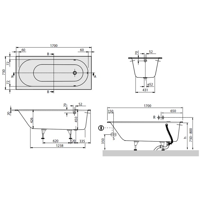 Ванна квариловая Villeroy&Boch Oberon UBQ170OBE2V-01 + ножки Ванна квариловая Villeroy&Boch Oberon UBQ170OBE2V-01 + ножки