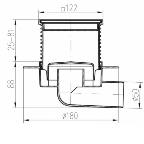 G425 N XL Двухкорпусный трап с гор. подключением DN50, h-113-169 mm, решетка Квадраты, с сухим сифоном
