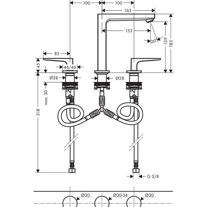 Смеситель для раковины на 3 отверстия Hansgrohe Metropol 160 32515000