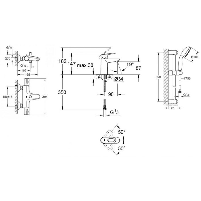 Grohe Набор смесителей BAU LOOP 3 в 1 для ванны и душа с термостатом (34550TS)