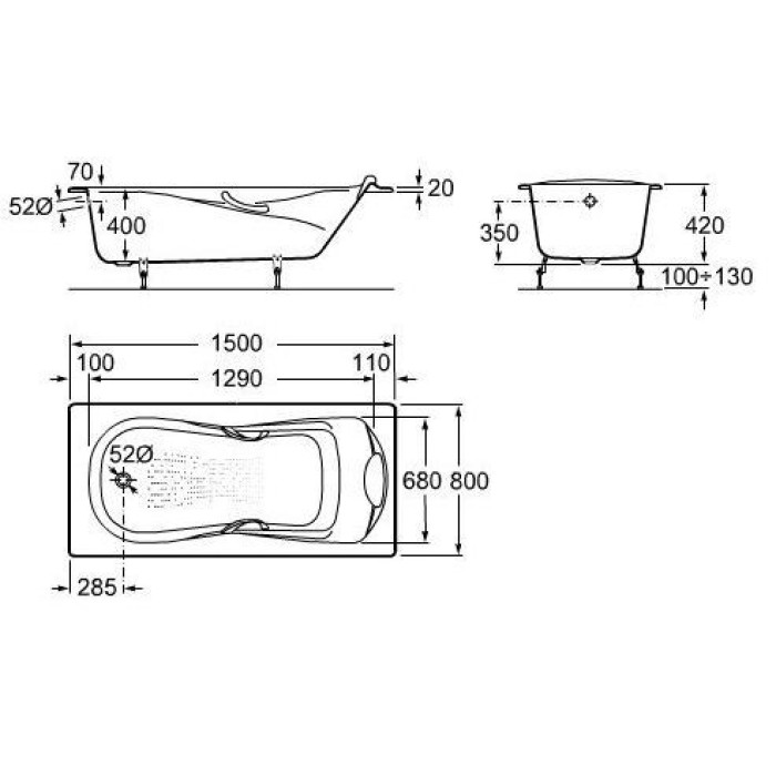 Ванна чугунная 150*80см ROCA HAITI A233250001 с ручками и покрытием против скольжения