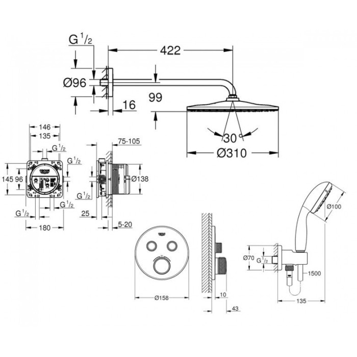 Плитка керамогранит Grohe Grohtherm SmartControl Душевая система скрытого монтажа (26406SC1) для пола