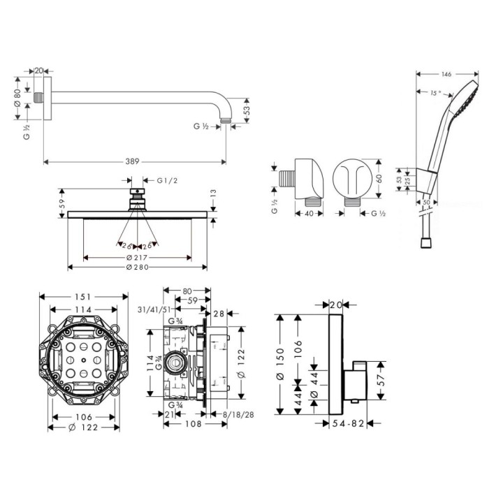 Плитка керамогранит Душевой набор Hansgrohe Select S скрытого монтажа 1212019 для пола
