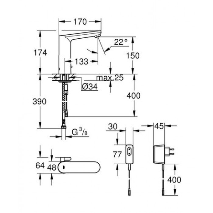 Электронный смеситель для раковины Grohe Eurosmart Cosmopolitan E L-Size 36421000