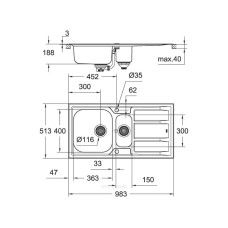 Мойдка для кухни Grohe 983x513 мм с эксцентриком, 2 чаши, матовая (31569SD0)