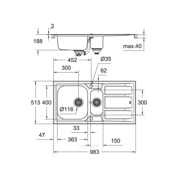 Мойдка для кухни Grohe 983x513 мм с эксцентриком, 2 чаши, матовая (31569SD0)