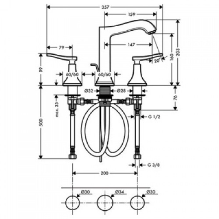 Смеситель для раковины на 3 отверстия Hansgrohe Metropol Classic 160 31331000