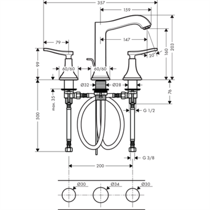 Смеситель для раковины на 3 отверстия Hansgrohe Metropol Classic 160 31331090