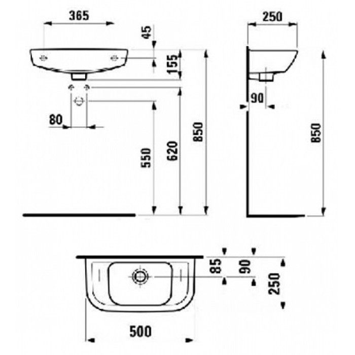 Раковина Laufen Pro B H8169570001061 отверстие для смесителя справа