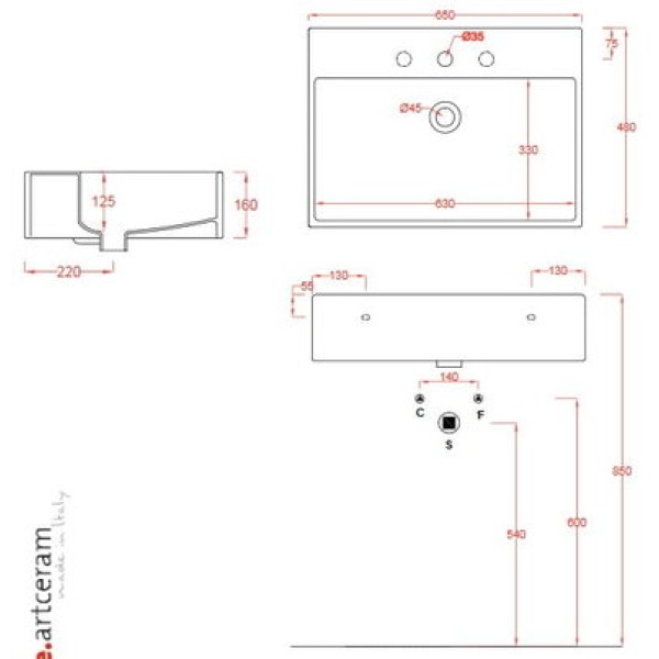 Керамическая раковина 65 см Artceram Quadro, white glossy (QUL003 01; 00)